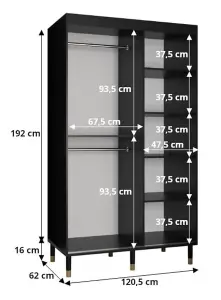 Bergen Contemporary 2 Sliding Door Wardrobe Gold Handles Marble Effect 5 Shelves 2 Rails Black (H)2080mm (W)1200mm (D)620mm