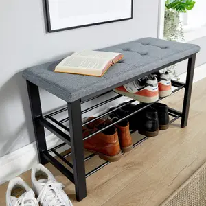 Home Source Sleaford Grey Linen Upholstered Metal Shoe Bench