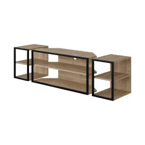 Decortie Modern Echo TV Unit Set for TVs up to 43 Inches with 2 Storage Side Table, 3 Piece Set Media Centre, Living Room (Oak)