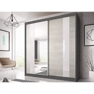 Modern Graphite Multi Sliding Door Wardrobe W203cm H218cm D61cm - Kathult Oak & White Gloss Front