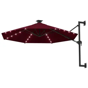 Berkfield Wall-mounted Parasol with LEDs and Metal Pole 300 cm Burgundy