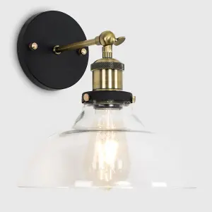 ValueLights Wallace Pair of Industrial Black and Gold Wall Light Fittings with Clear Glass Light Shades