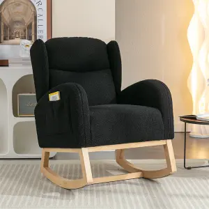 Modern Teddy Fabric Upholstered Rocking Chair Wingback Padded Seat For Living Room Bedroom, Black 