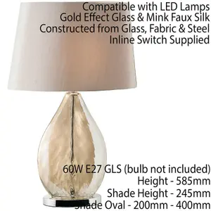 Table Lamp & Shade Gold Tinted Glass & Mink Fabric Modern Pretty Bedside Light