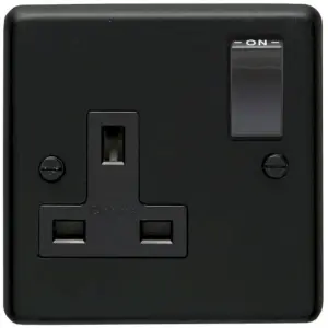 Eurolite 1 Gang 13A DP Switched Socket: Round Edge Matt Black Plate - Black Nickel Rocker