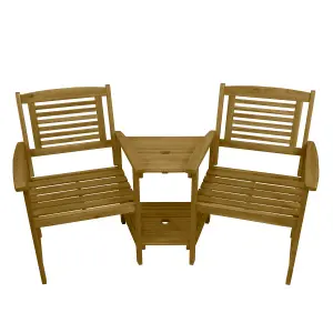 Wooden Companion Love Seat Garden Chairs with 2 Tier Table and Parasol Hole