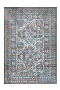 Grey Blue Traditional Medallion Bordered Area Rug 80x150cm