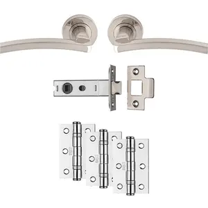 Premium Door Handle & Latch Pack - Satin Nickel Slim Curved Lever Round Rose