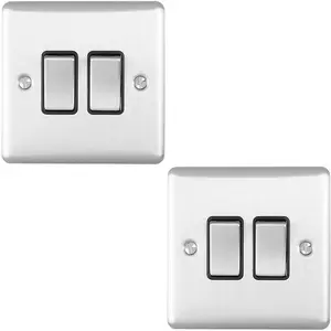 2 PACK 2 Gang Double Metal Light Switch SATIN STEEL 2 Way 10A Black Trim