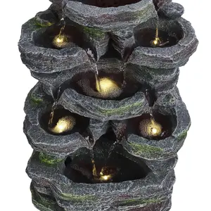 Grey Faux Rock Solar Power Resin Garden Water Fountain Water Feature with LED Lights