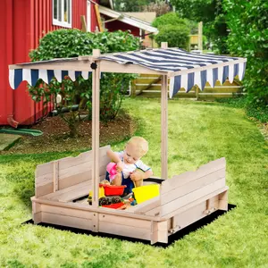 Outsunny Kids Square Wooden Sandpit Children Cabana Sandbox Outdoor Playset