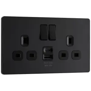 BG Matt Black Double 13A 12W Raised slim Switched Screwless Socket with USB, x2 & Black inserts