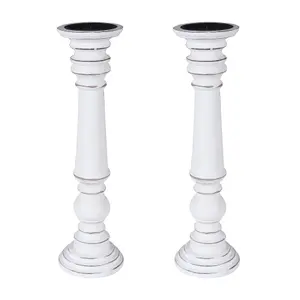 SET OF 2 Rustic Antique Carved Wooden Pillar Church Candle Holder, White Light,Extra Large 45cm