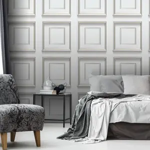 Light Grey Panel Effect Wallpaper Metallic Realistic 3D Wood Effect Flat Finish