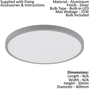 2 PACK Wall / Ceiling Light Silver 400mm Round Surface Mounted 25W LED 3000K