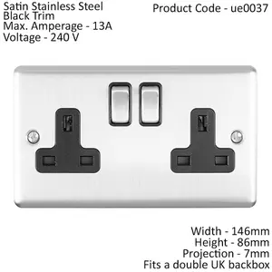 2 Gang Double UK Plug Socket SATIN STEEL 13A Switched Black Trim Power Outlet