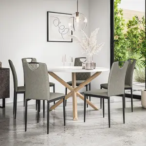 Malvern Round Dining Table And Chairs -  Marble Table Top w Solid Oak Legs + Monza Fabric Dining Chair Set Of 6 (Grey)