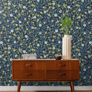 Galerie Mulberry Tree Navy Blue Floral Leaf Wallpaper Roll