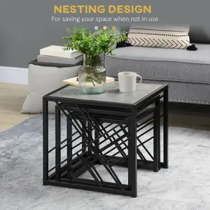 HOMCOM Set of 3 Nesting Coffee Tables Square End Tables w/ Metal Frame, Grey