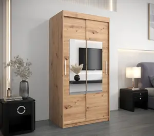 Elegant Torino Mirrored Sliding Door Wardrobe (H)2000mm  (W)1000mm (D)620mm with Ample Storage - Oak Artisan