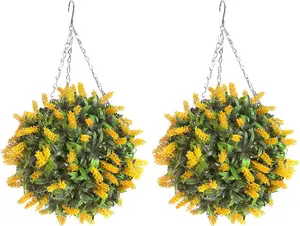 Pair of Best Artificial 28cm Yellow Lush Lavender Hanging Basket Flower Topiary Ball - Weather & Fade Resistant