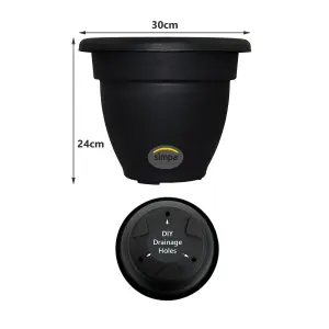 simpa 2PC Black Round Winchester Plastic Garden Planters 30cm (Dia).