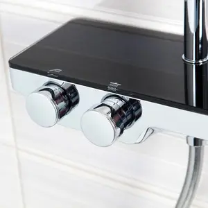 Chrome Thermostatic Rigid Riser Overhead Shower Kit with Tempered Glass Mixer Valve Shelf - Black Trim