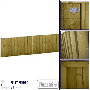 Flat Top Feather Edge Fence Panel (Pack of 4) Width: 6ft x Height: 2ft Vertical Closeboard Planks Fully Framed