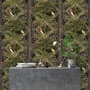 Holden Congo Black Gold Art Deco Geometric Tropical Jungle Animals Wallpaper