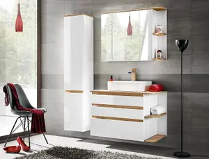 Bathroom Furniture Set with Countertop Vanity Sink Unit Wall Tallboy Mirror White Gloss Oak Finish Plat