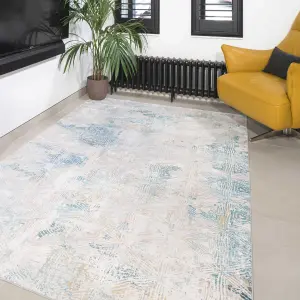 Silver Blue Metallic Distressed Geometric Living Area Rug 190x280cm