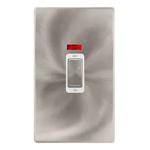 Brushed Steel Screwless Plate 2 Gang Ingot Size 45A Switch With Neon - White Trim - SE Home