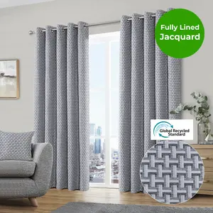 Home Curtains Gambia Jacquard Lined 90w x 72d" (229x183cm) Grey Eyelet Curtains (PAIR)