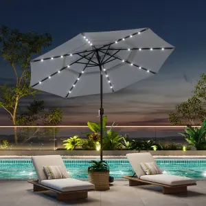 2.89M Light Grey Crank Tilt with Solar LED Light Outdoor Swing Umbrella Parasol without Base