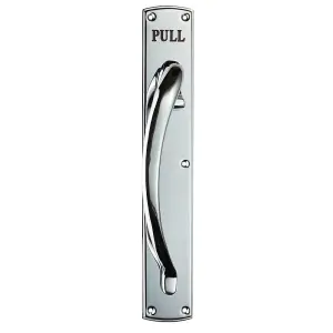 4x Curved Left Handed Door Pull Handle Engraved with 'Pull' Polished Chrome