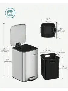 SONGMICS Kitchen Bin, 5.2-Gallon (20 L) Trash Bin, Steel Pedal Bin, With Inner Bucket, Soft Close And Stays Open