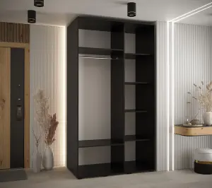 Sleek Black Mirrored Cannes XIII Sliding Wardrobe H2050mm W1300mm D600mm with Custom Black Steel Handles and Decorative Strips