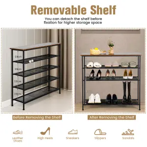 Costway 5-Tier Shoe Rack Industrial Shoe Organizer w/ Wooden Top Flat Mesh Shelves