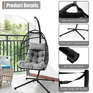 COSTWAY Indoor Outdoor Hanging Chair Patio Swing Egg Chair W/ Stand & Cushion