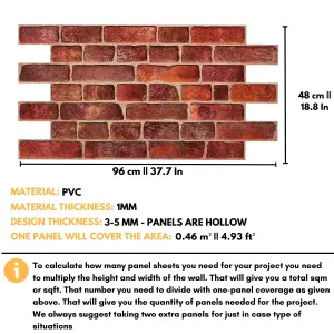 3D Wall Panels with Adhesive Included - Pack of 6 Sheets - Covering 29.76 ft² (2.76 m²) - Decorative Faux Deep Red Brick Pattern