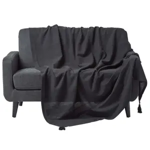 Homescapes Cotton Rajput Ribbed Black Throw, 255 x 360 cm