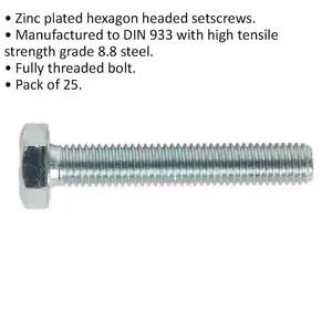 25 Pack M10 x 60mm Zinc Setscrews - Grade 8.8 Fully Threaded DIN 933