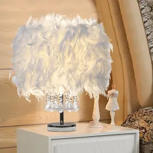 White Modern Feather Bedside Table Lamp with Crystal Pendant 30 x 45 cm