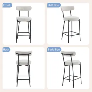 Set of 2 Bar Stools, Upholstered Barstools with Curved Back, Upholstered Boucle Chair for Dining Room, Living Room, Cream White