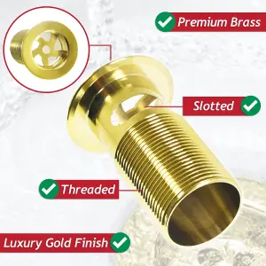 SPARES2GO Sink Basin Waste Luxury Slotted Brass Overflow Plug with Chain and Stay (40mm 1 1/4", Gold Finish)