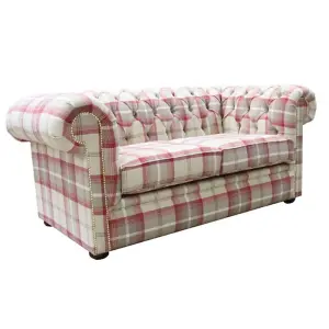 Chesterfield Handmade Tartan 2 Seater Sofa Balmoral Cranberry Fabric In Classic Style