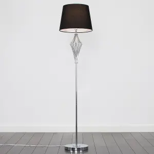 ValueLights Jaspa Modern Polished Chrome Metal Wire Geometric Diamond Design Floor Lamp with Black Tapered Shade