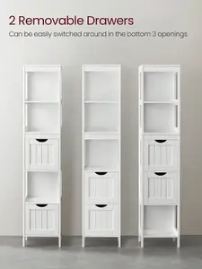 VASAGLE Tall Bathroom Cabinet With Feet And Slim Column With 2 Drawers And 3 Open Compartments, 30 X 30 X 141.5 Cm, White