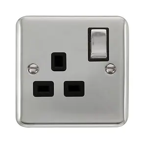 Curved Polished Chrome 1 Gang 13A DP Ingot Switched Plug Socket - Black Trim - SE Home