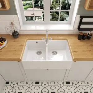 795mm - Double Bowl Fireclay Butler Kitchen Sink - Stepped Weir, Classic Tap & Wastes